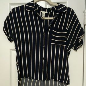 Blue and white striped button down blouse